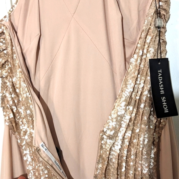 NWT Tadashi Shoji Champagne Halter Sequin Crepe Maxi Gown Dress Size 16 - Picture 12 of 16